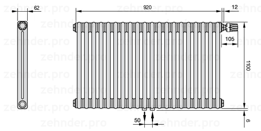 Схема (чертеж) Радиатор Zehnder Charleston 2110/20 №V008 Белый глянцевый RAL 9016